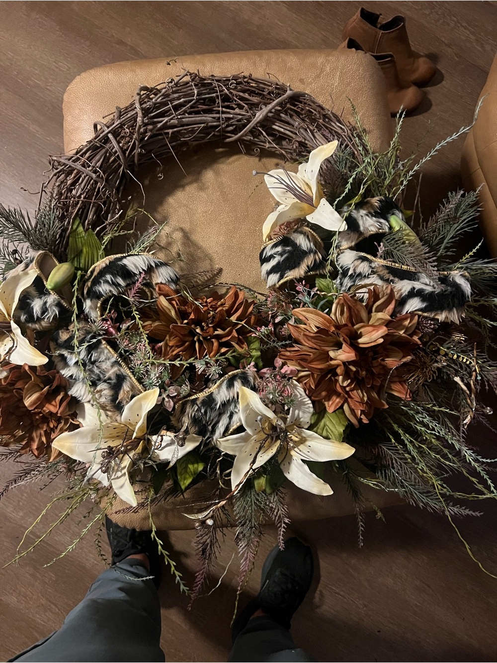 Rust Floral and White Lily Autumn Grapevine Wreath